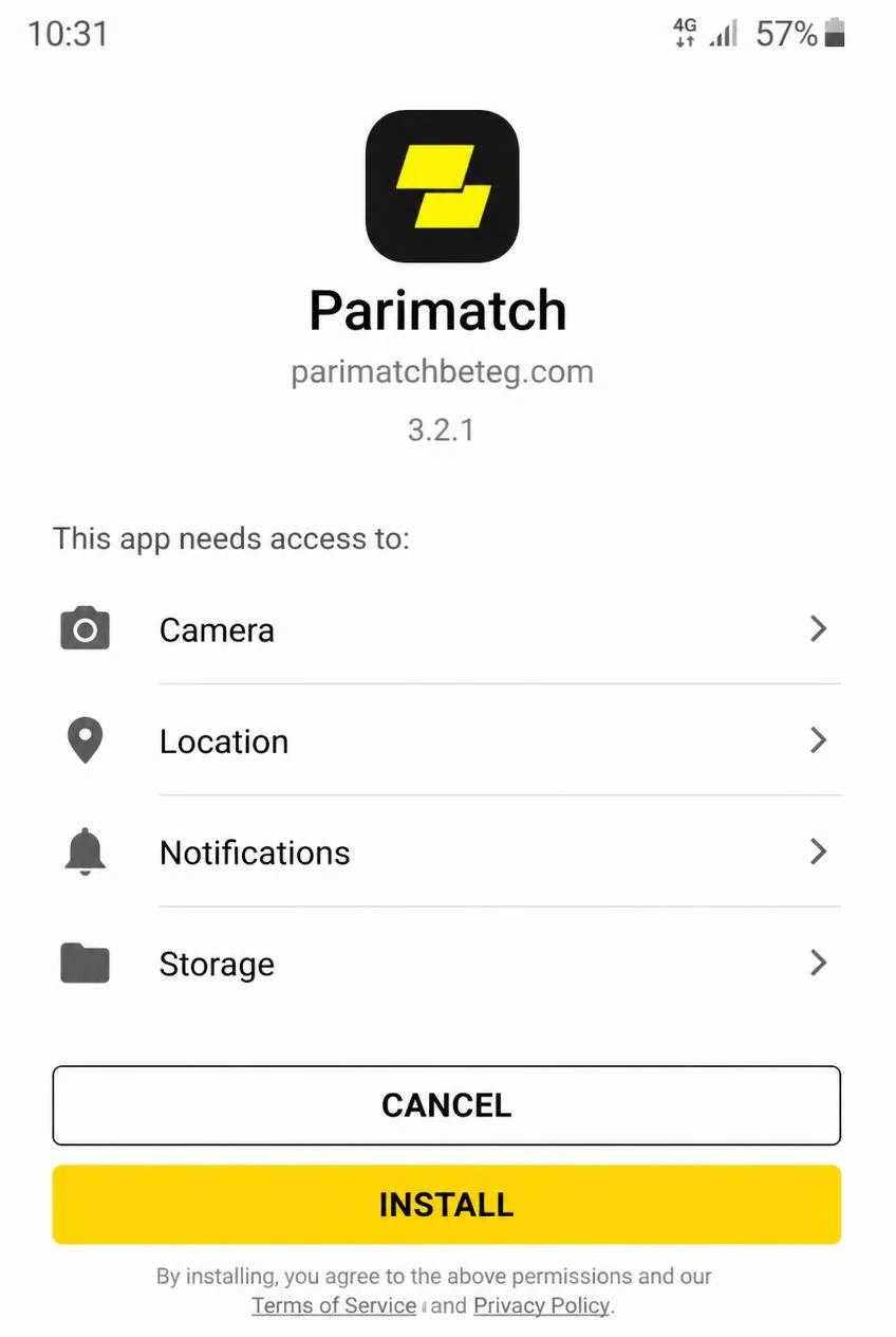 شاشة تثبيت تطبيق Parimatch APK على أندرويد - زر Install