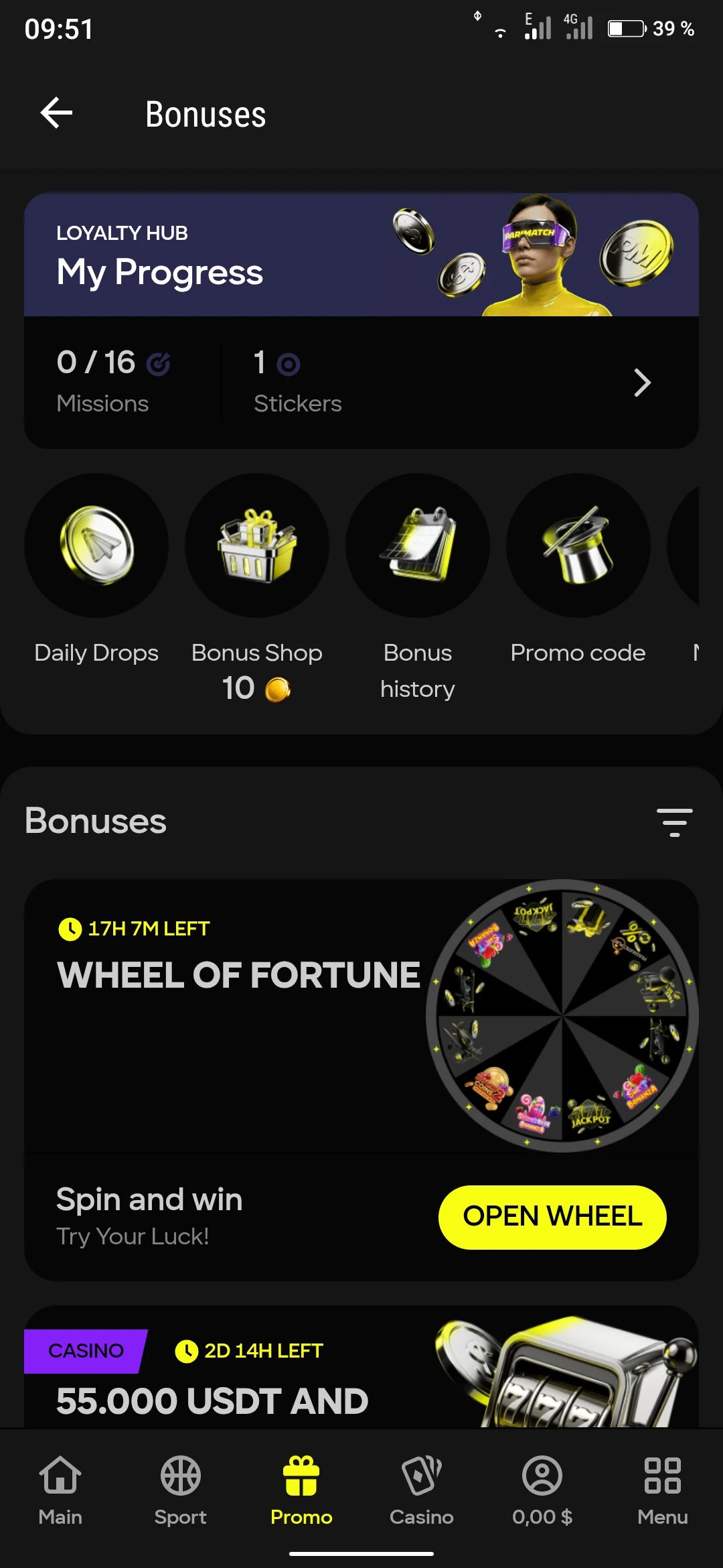 عروض وبونصات تطبيق Parimatch - Wheel of Fortune وعروض الكازينو