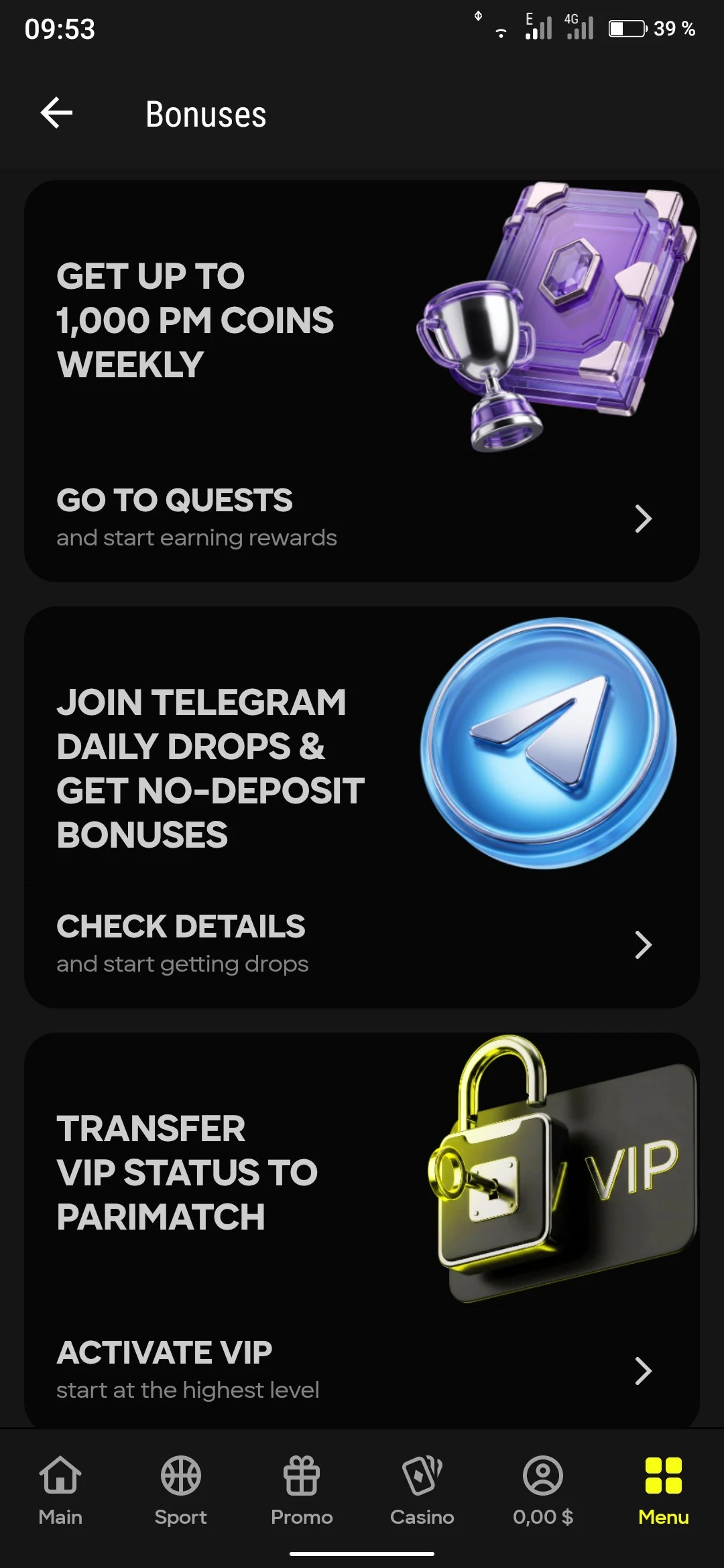 بونص VIP وTelegram Drops في تطبيق Parimatch