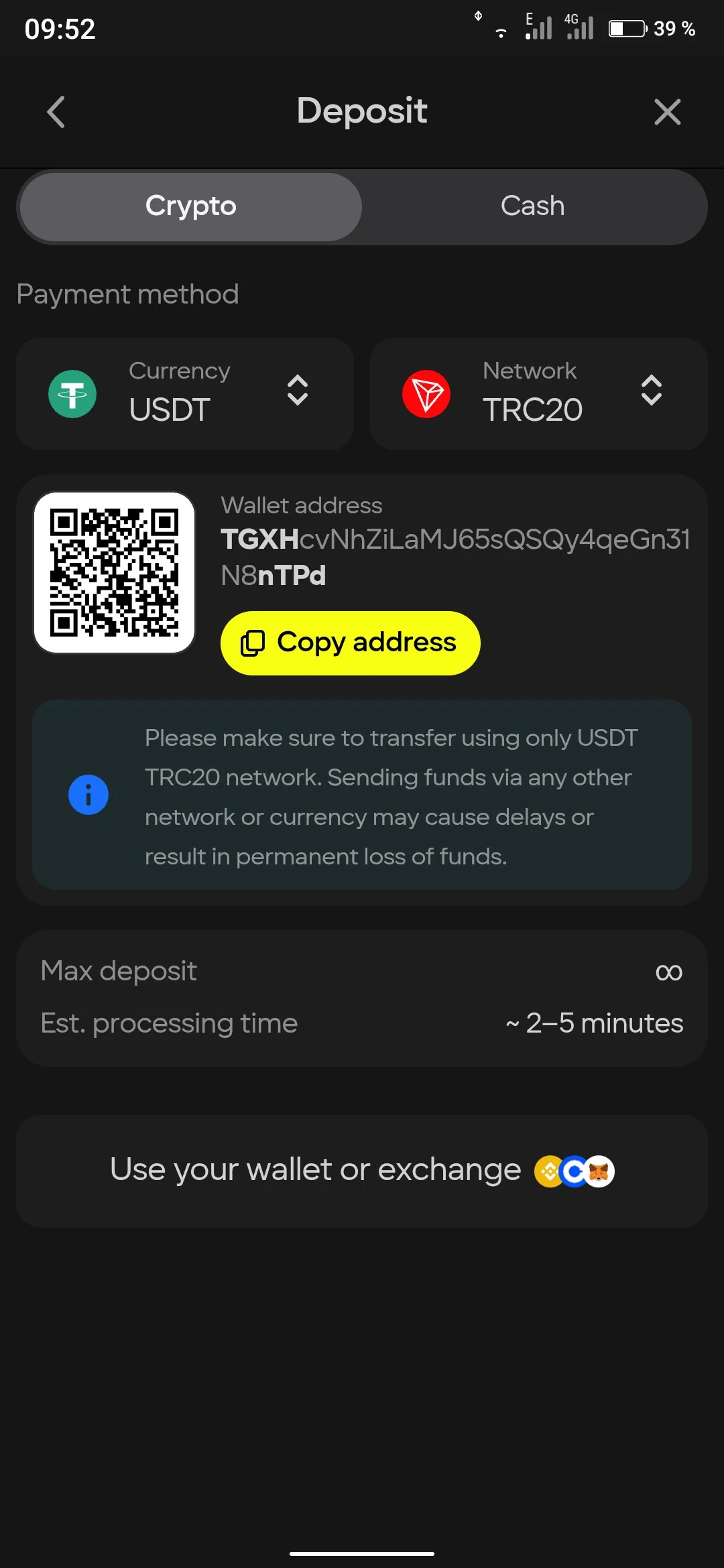 إيداع العملات الرقمية USDT في Parimatch - عنوان المحفظة وQR Code